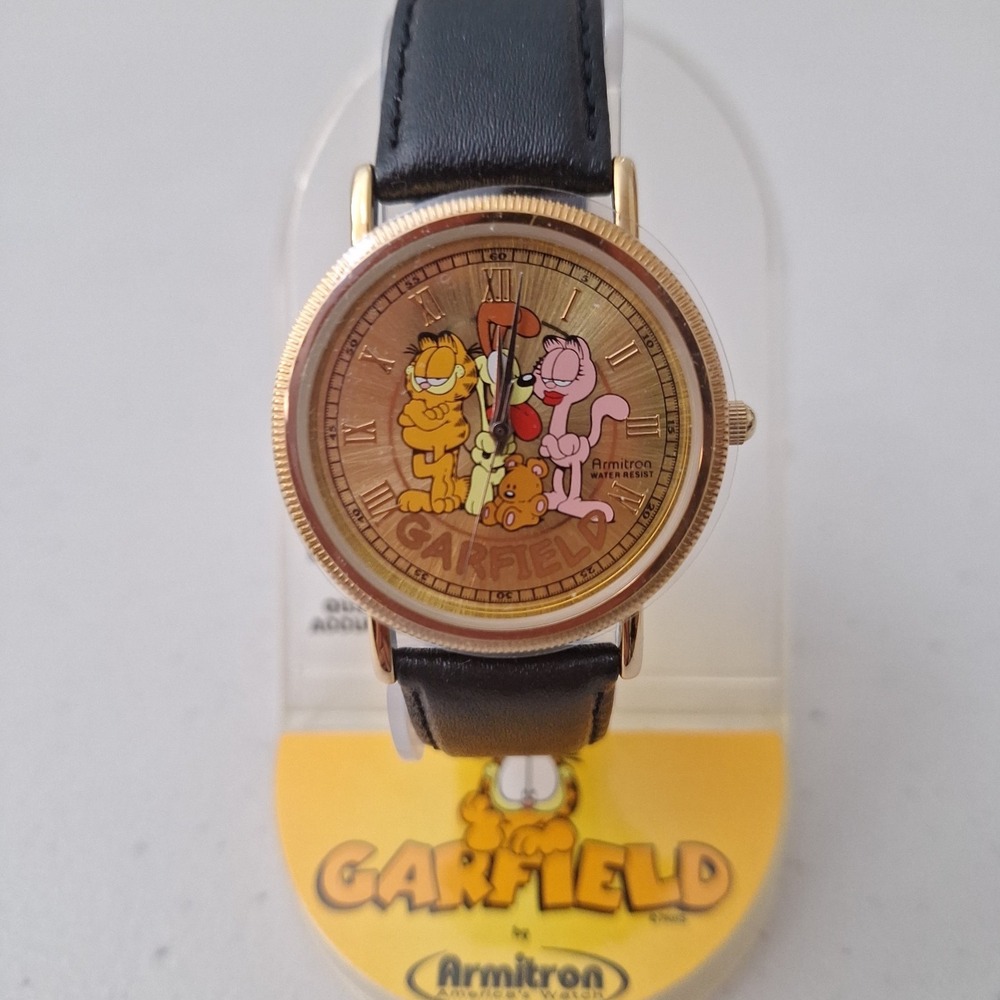 *RARE* NEW Vtg Garfield Armitron Watch Leather Gold Tone Quartz Water Resistant